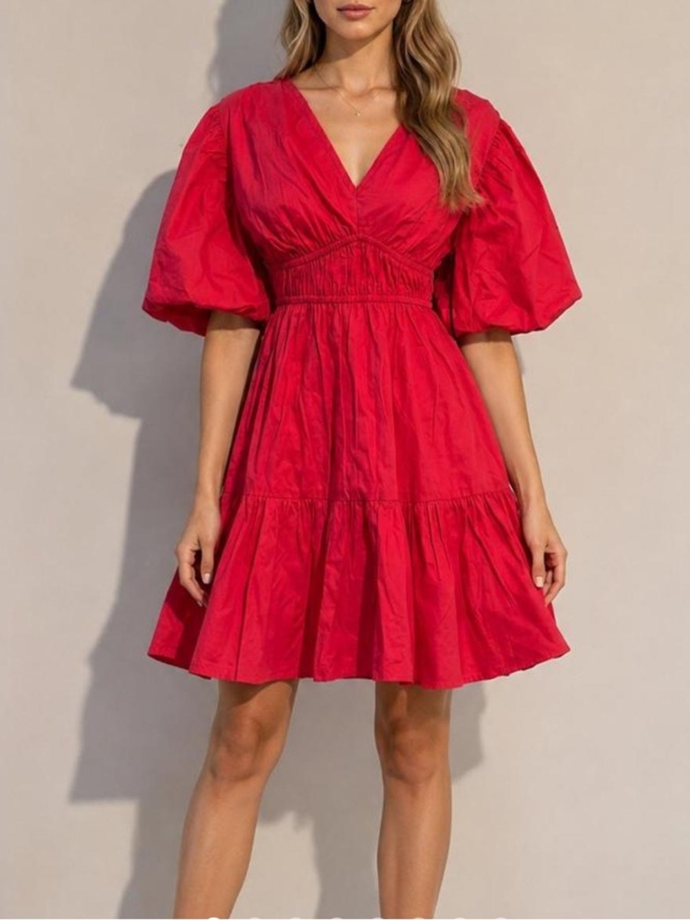 Japna Bright Red Puff-Sleeve V-Neck Tiered Dress